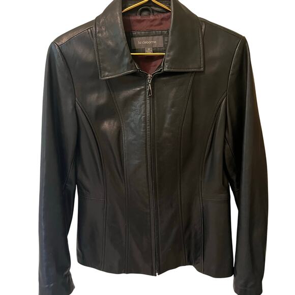 Black Leather Moto Jacket Size Medium EUC Liz Claiborne Full Zip Y2K 90s Friends - Picture 1 of 8